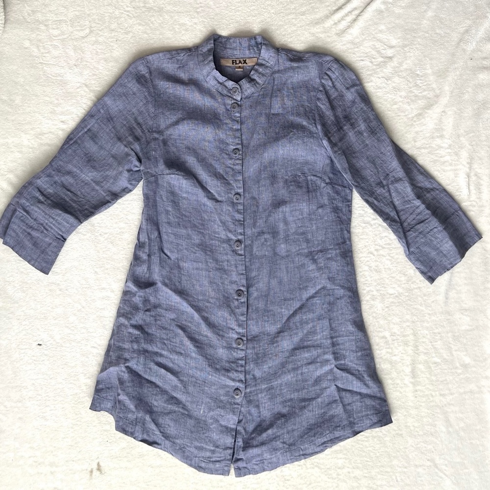 FLAX Women's Blue 3/4 Sleeve Linen Blouse, Button Front, Size S